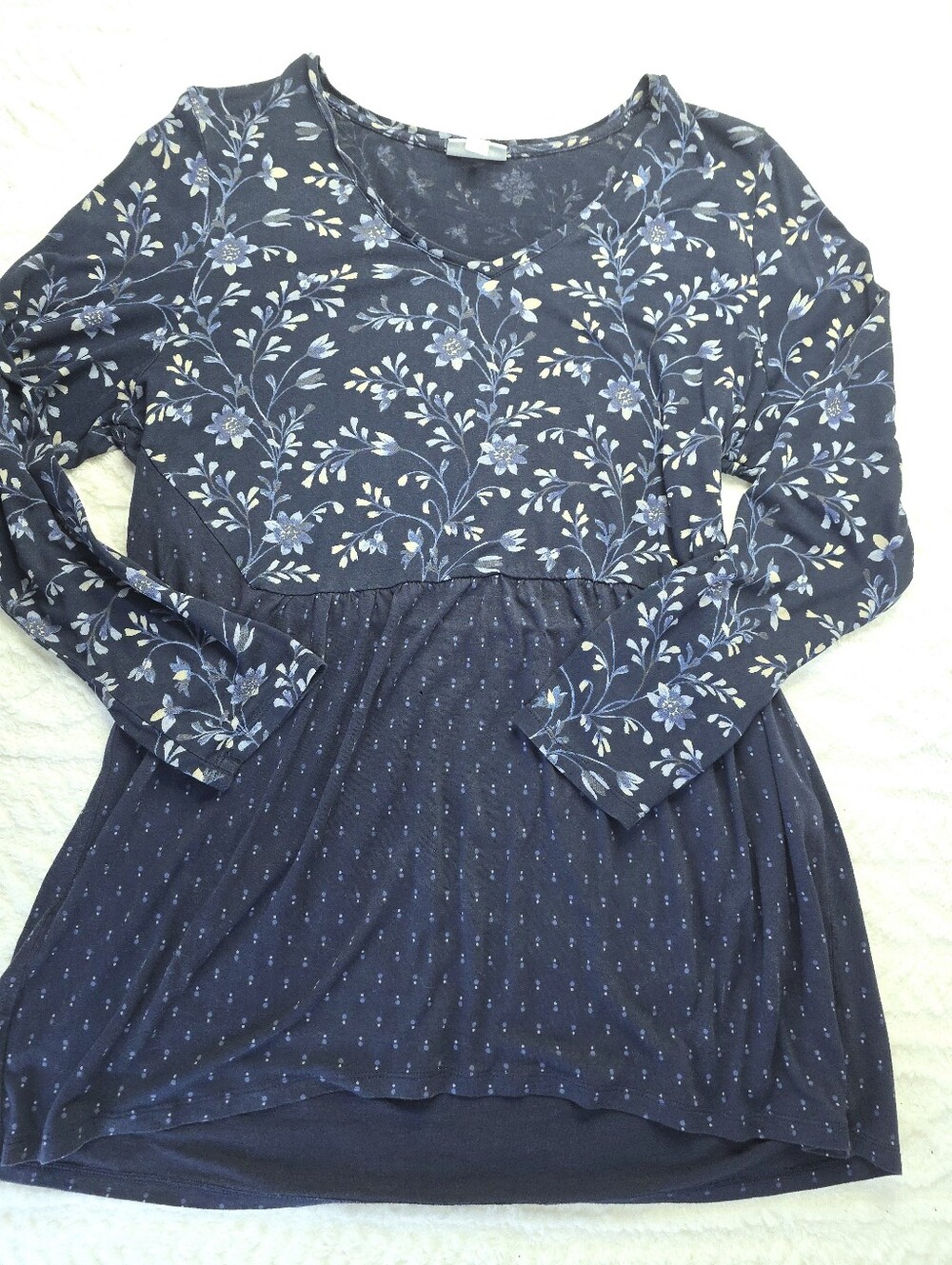 J. Jill Babydoll Top Navy Blue Mixed Floral Long Sleeve High Waist Tunic Cottage
